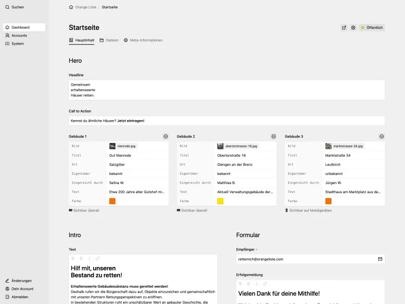 Backend screenshot of orangeliste.com