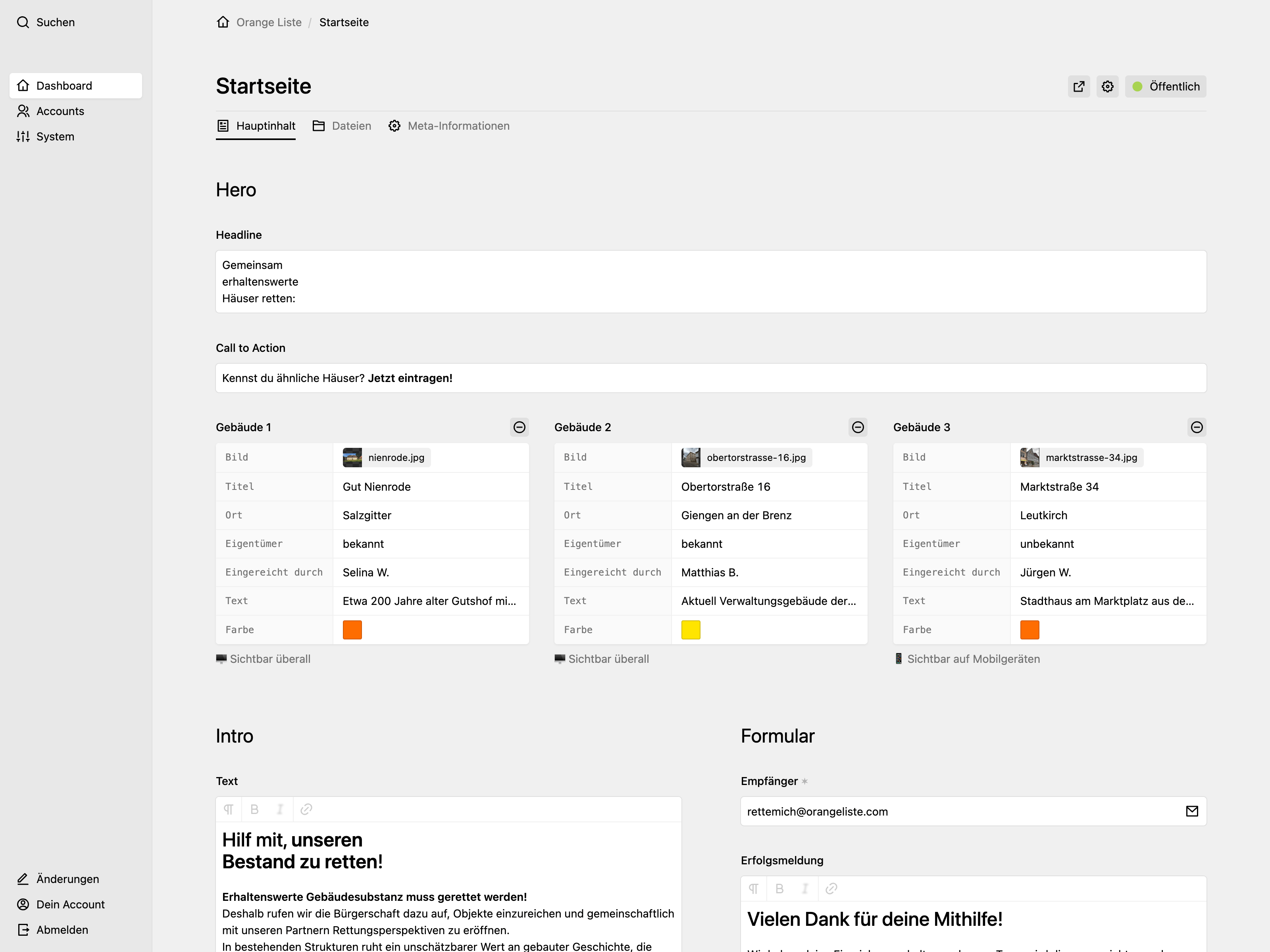 Backend screenshot of orangeliste.com