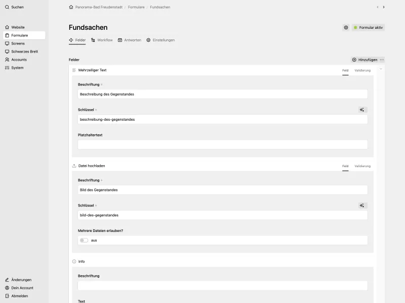 Panel form builder for lost property with text fields, file upload options, and validation settings