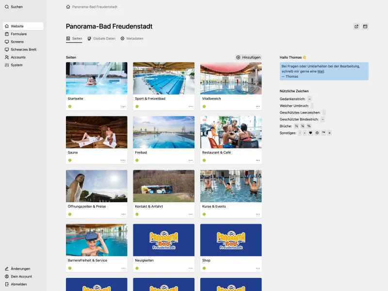 Panel Pages tab showing colorful section cards for spa facilities including Sport & Freizeitbad, Vitalbereich, Sauna, Freibad, and Restaurant & Café