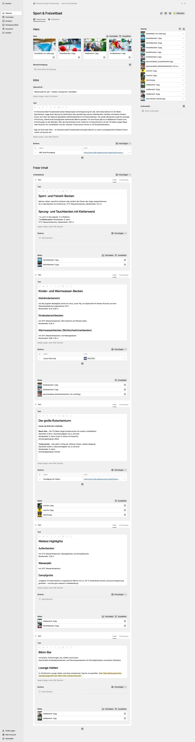 Panel page showing a hero section, intro section and a lot of custom blocks in a blocks field.