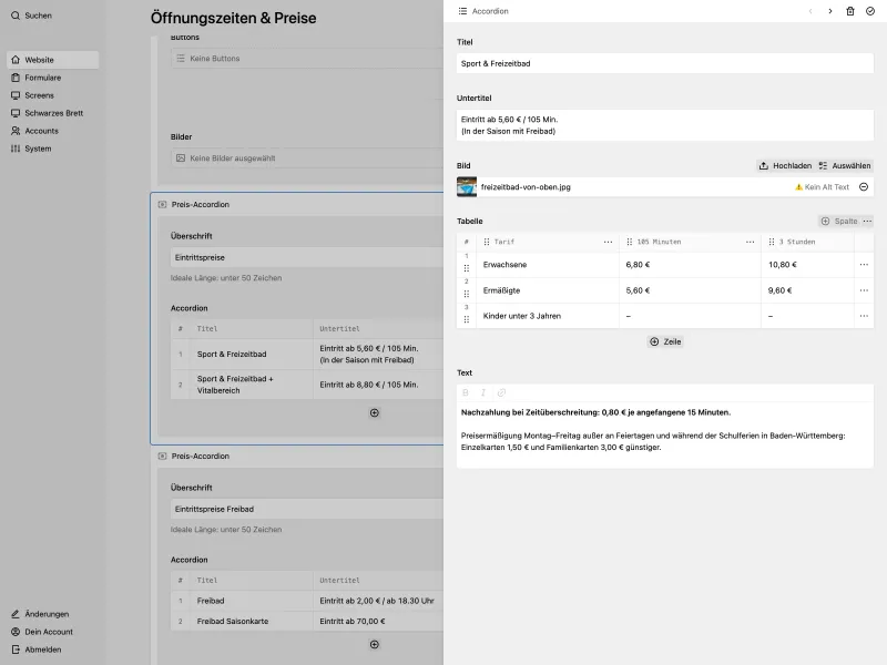 Panel pricing page with accordion sections for entry fees, open accordion showing "Sport & Freizeitbad" pricing table with visitor categories and rates, and text fields