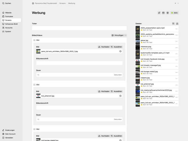 Panel advertising screen management with blocks for images and videos, each with a duration field