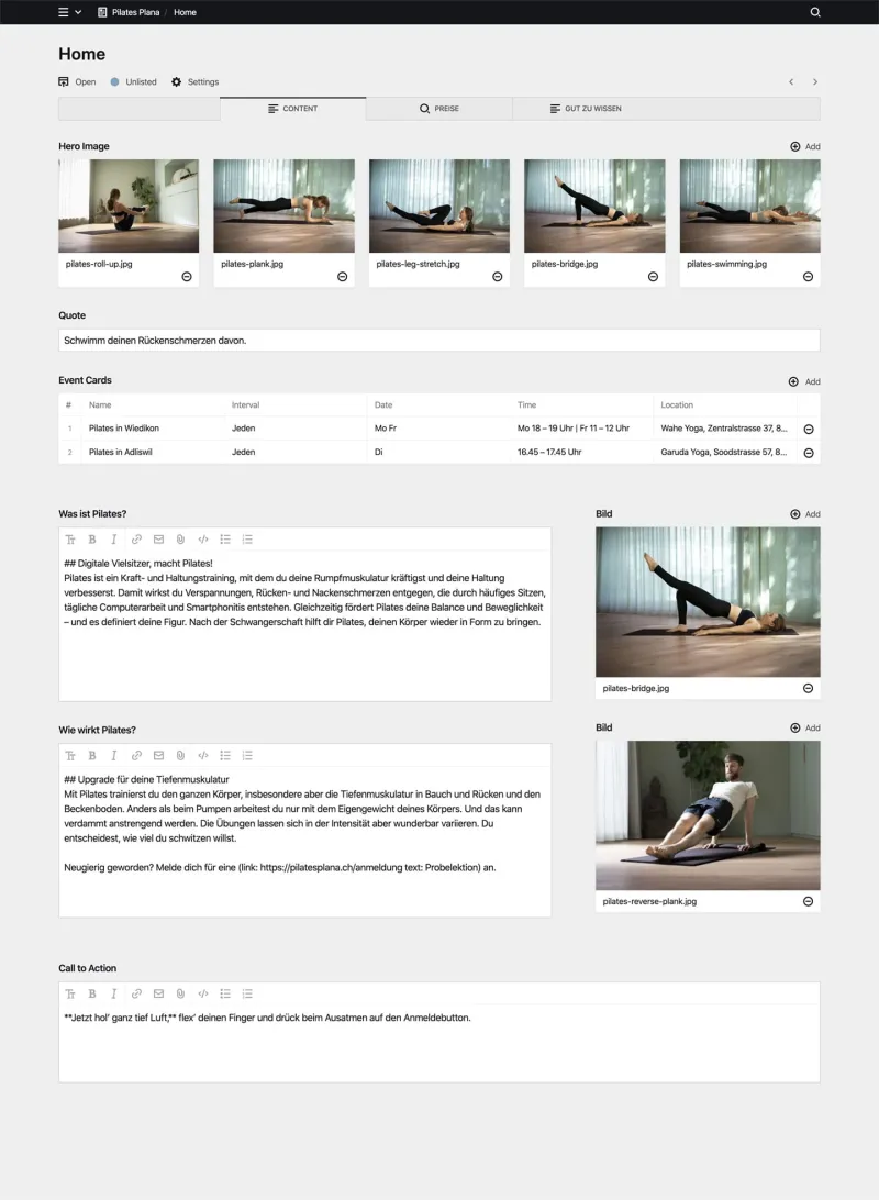 Backend screenshot of pilatesplana.ch