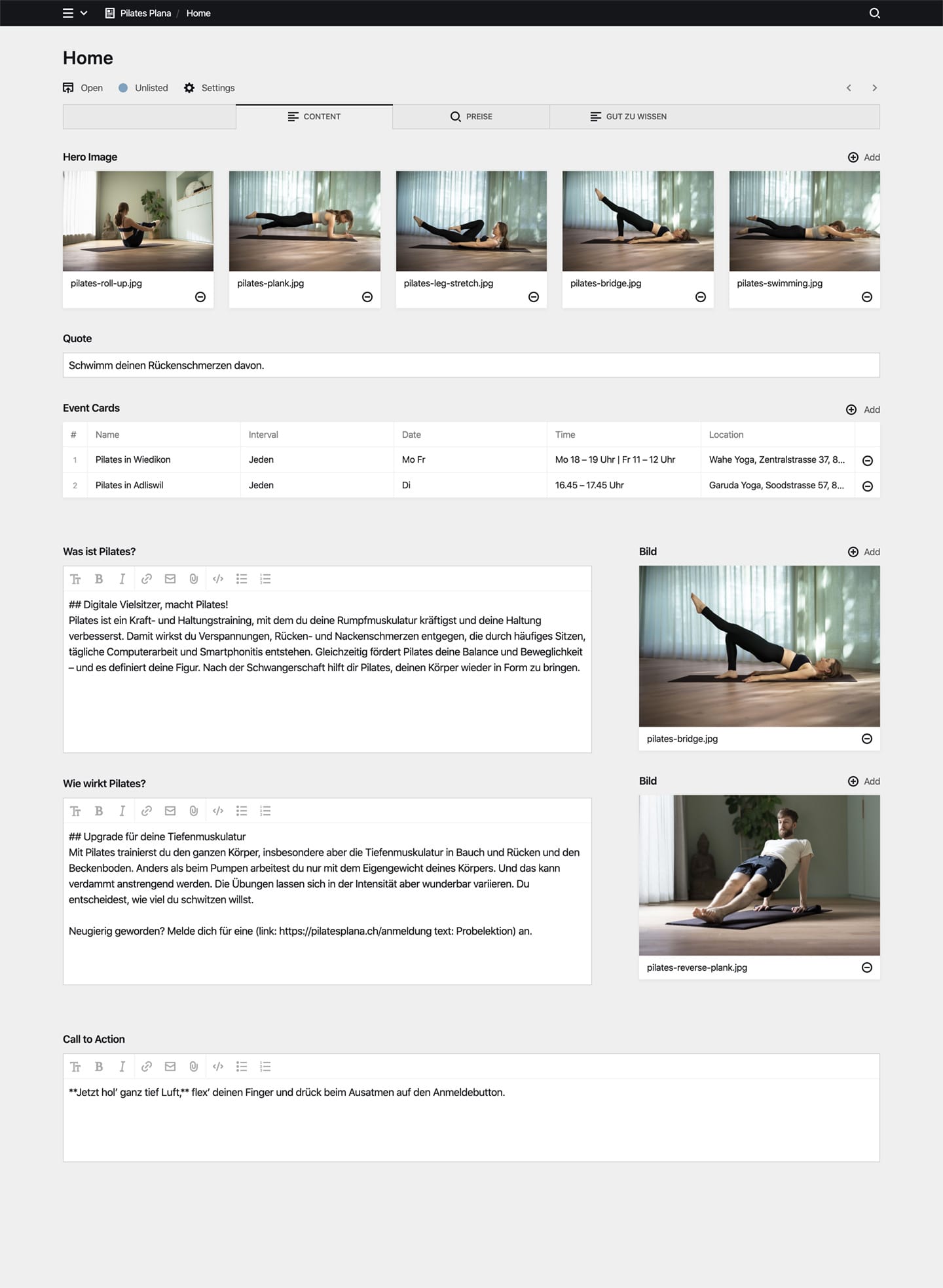 Backend screenshot of pilatesplana.ch