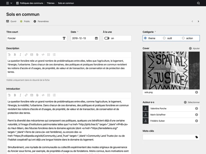 Backend screenshot of politiquesdescommuns.cc
