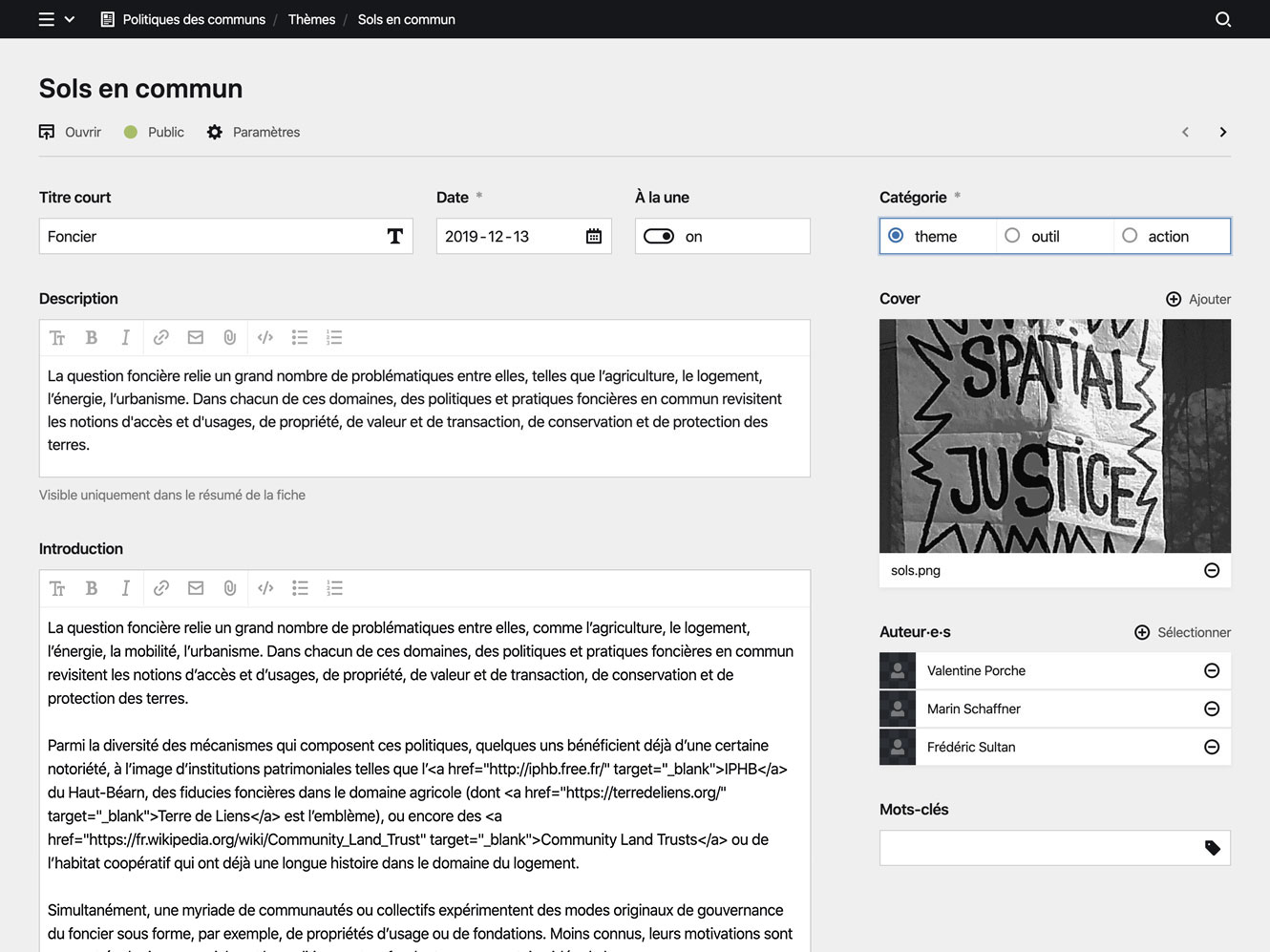 Backend screenshot of politiquesdescommuns.cc