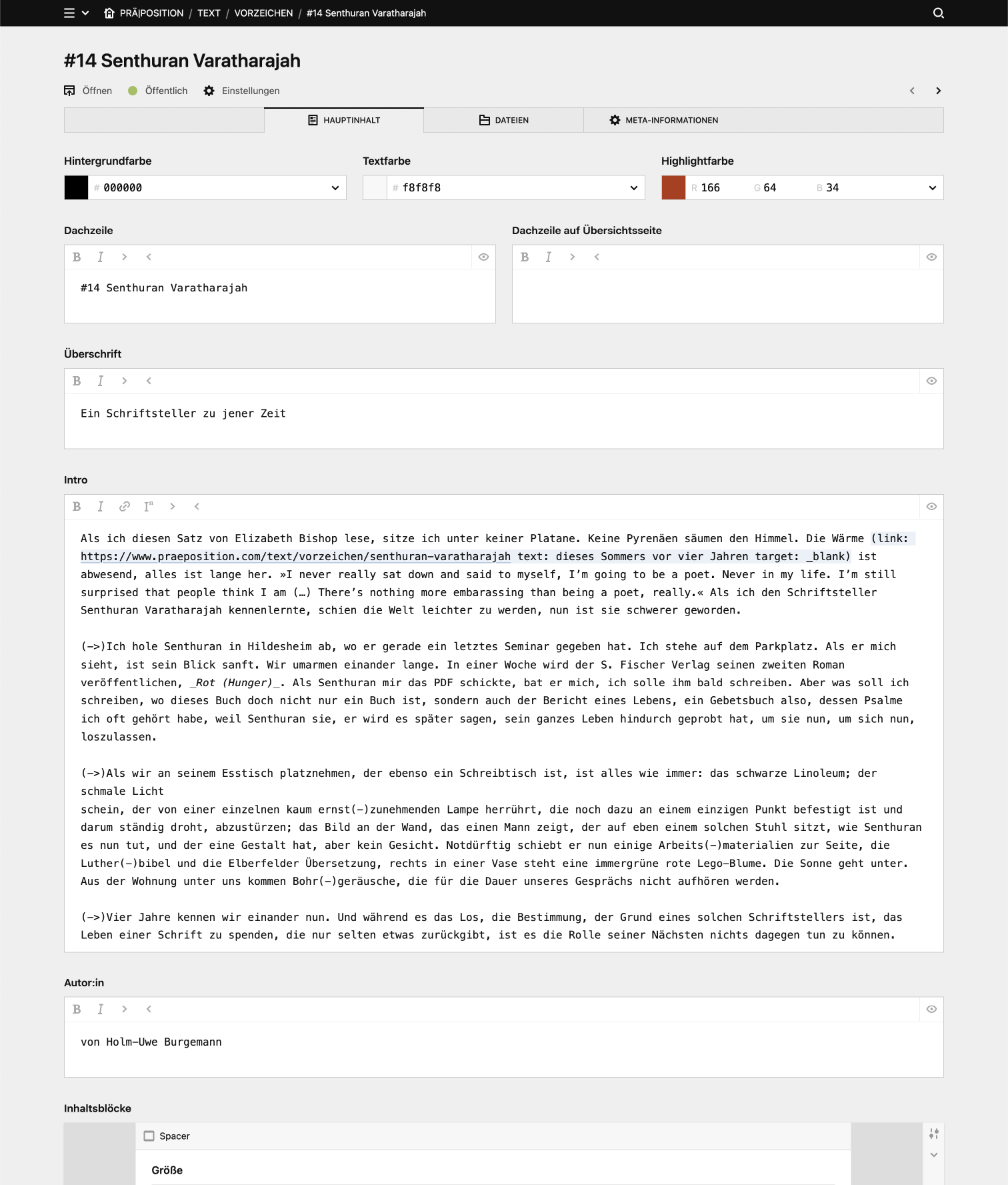 Backend screenshot of praeposition.com