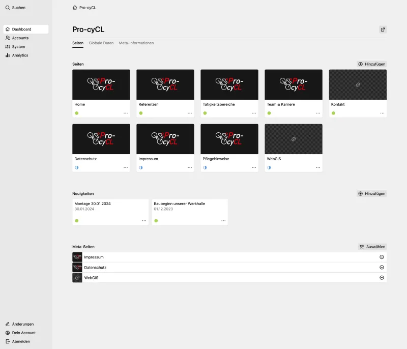 Backend screenshot of pro-cycl.de