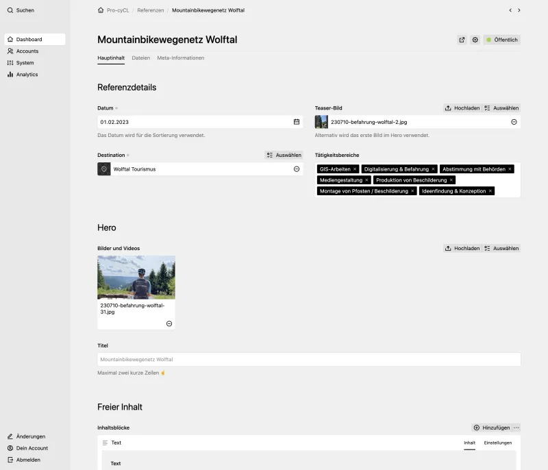 Backend screenshot of pro-cycl.de