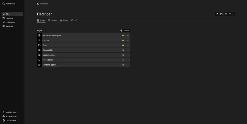 Screenshot of the Rediriger backend showing the site/dashboard