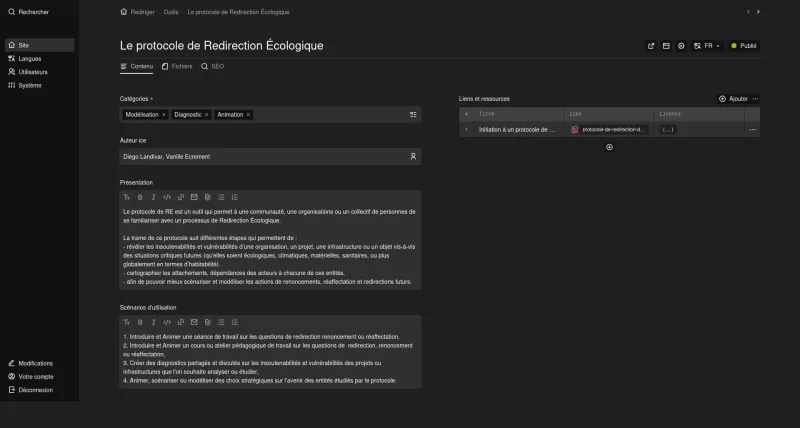 Screenshot of the Rediriger backend showing a subpage of the Outils page, Le protocole de Redirection Écologique