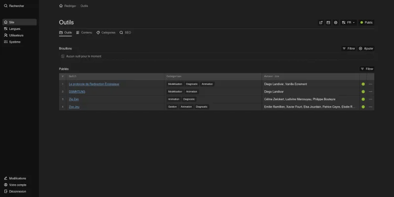 Screenshot of the Rediriger backend showing the Outils page