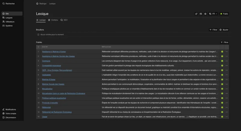 Screenshot of the Rediriger backend showing the Lexique page