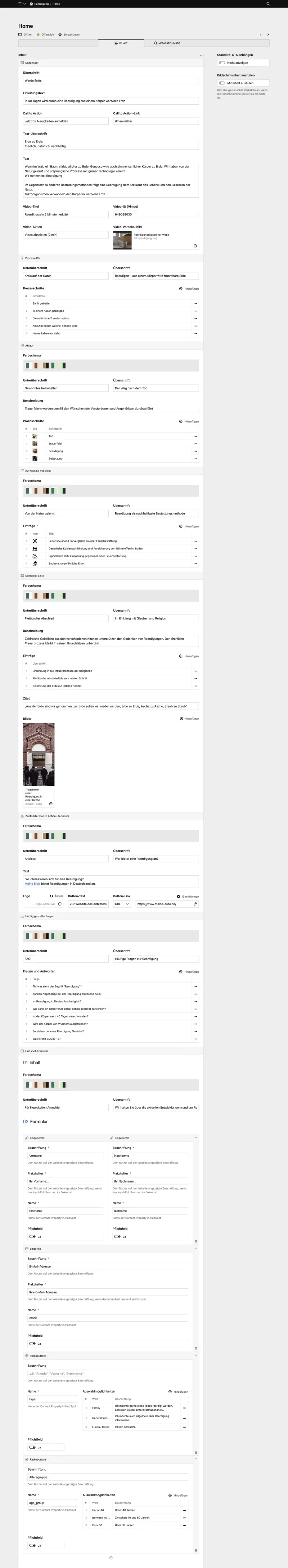Backend screenshot of reerdigung.de