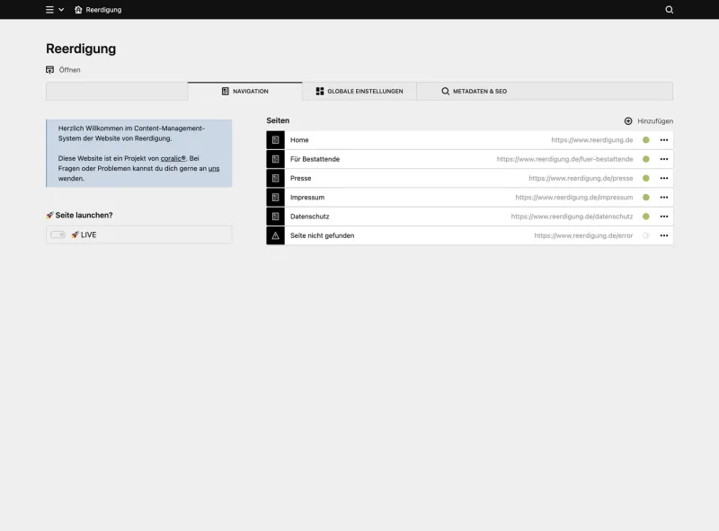Backend screenshot of reerdigung.de