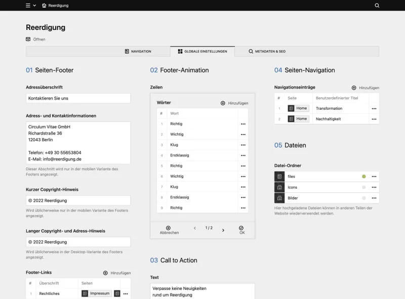 Backend screenshot of reerdigung.de