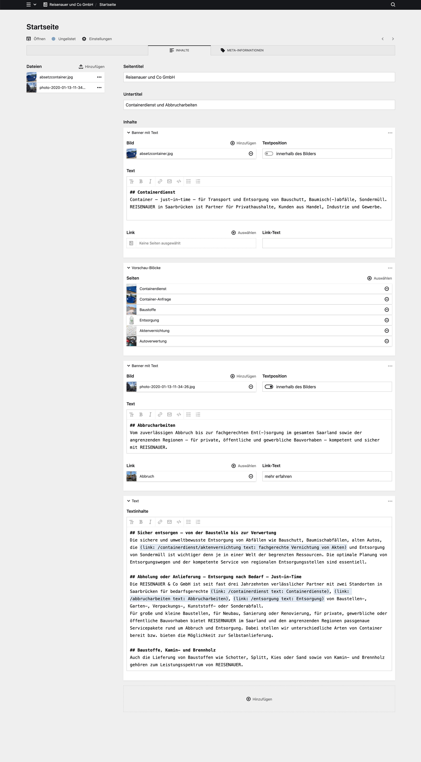 Backend screenshot of reisenauer-sb.de