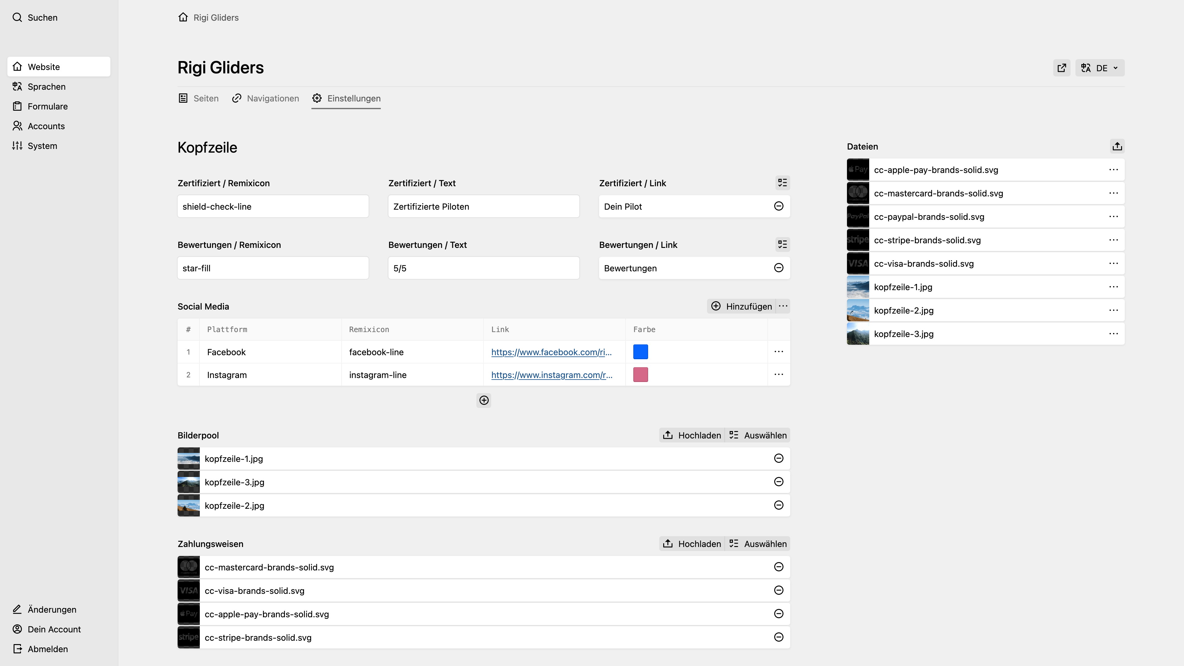Backend screenshot of rigi-gliders.ch