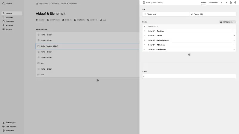 Backend screenshot of rigi-gliders.ch
