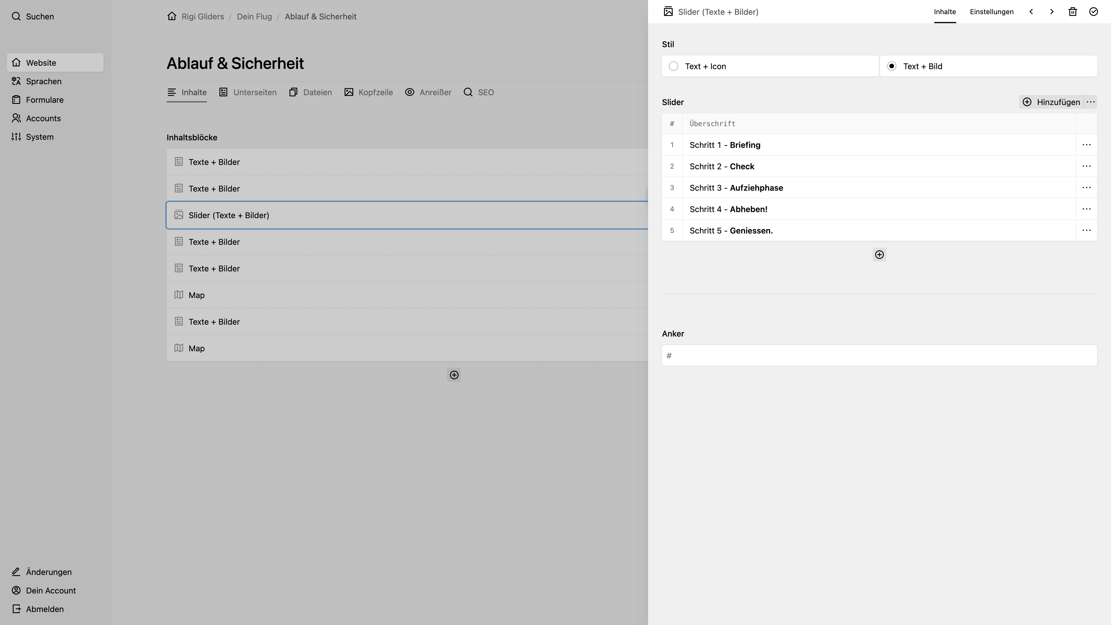 Backend screenshot of rigi-gliders.ch