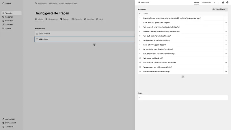 Backend screenshot of rigi-gliders.ch