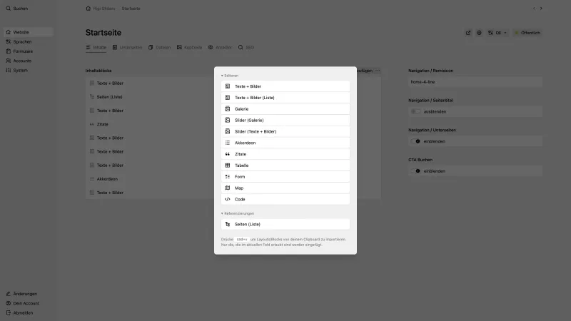 Backend screenshot of rigi-gliders.ch