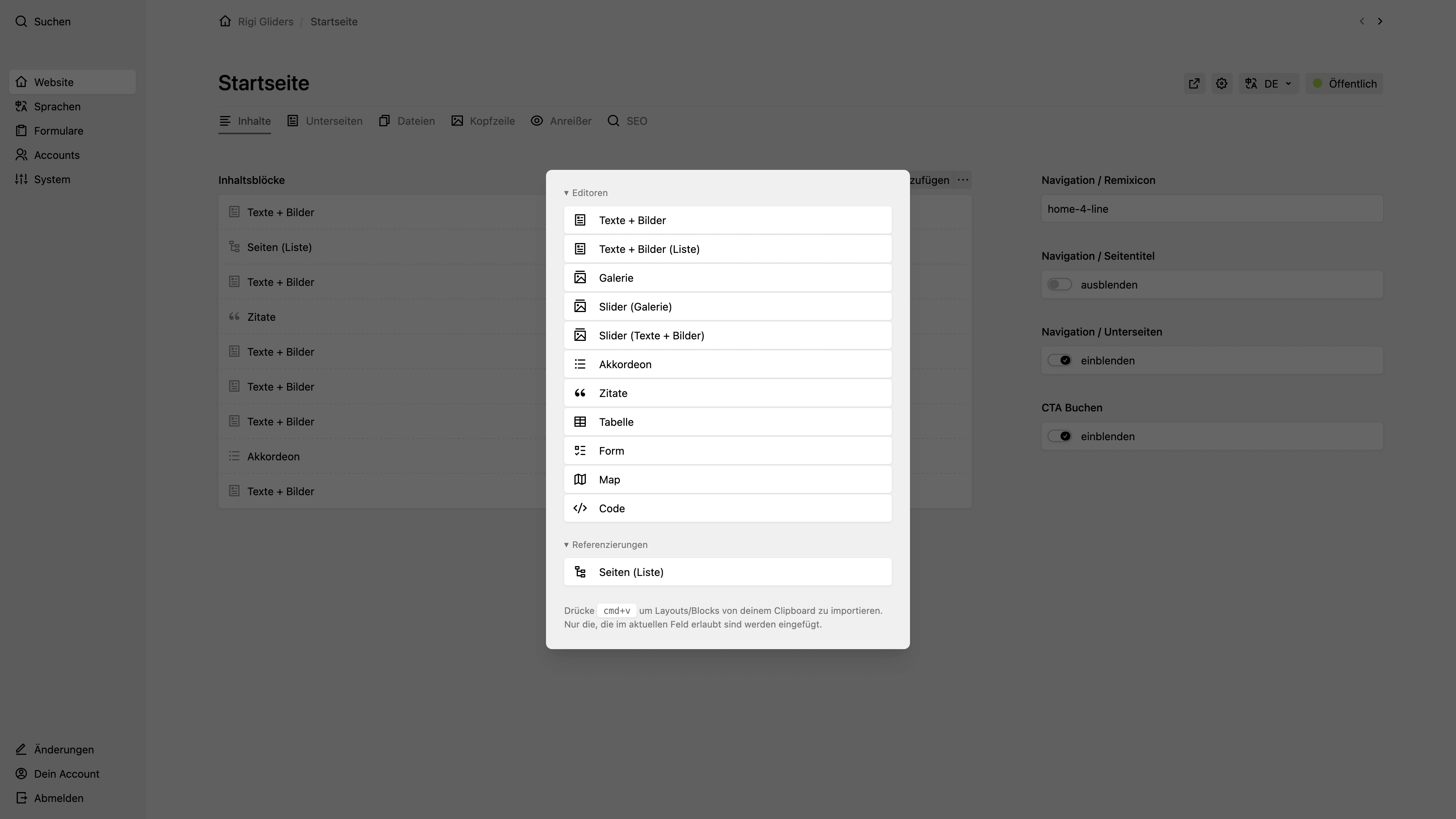 Backend screenshot of rigi-gliders.ch