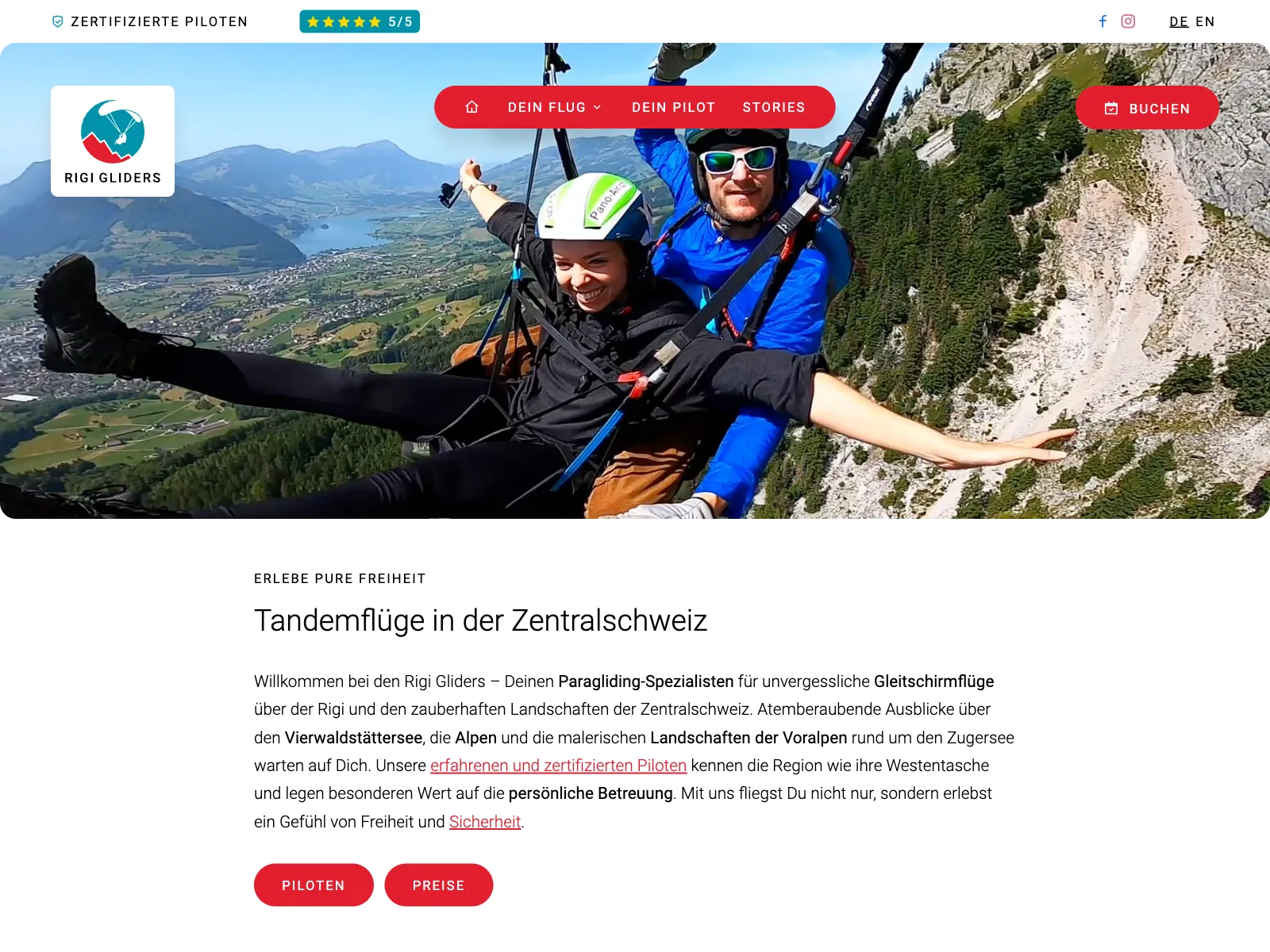 Frontend screenshot of rigi-gliders.ch