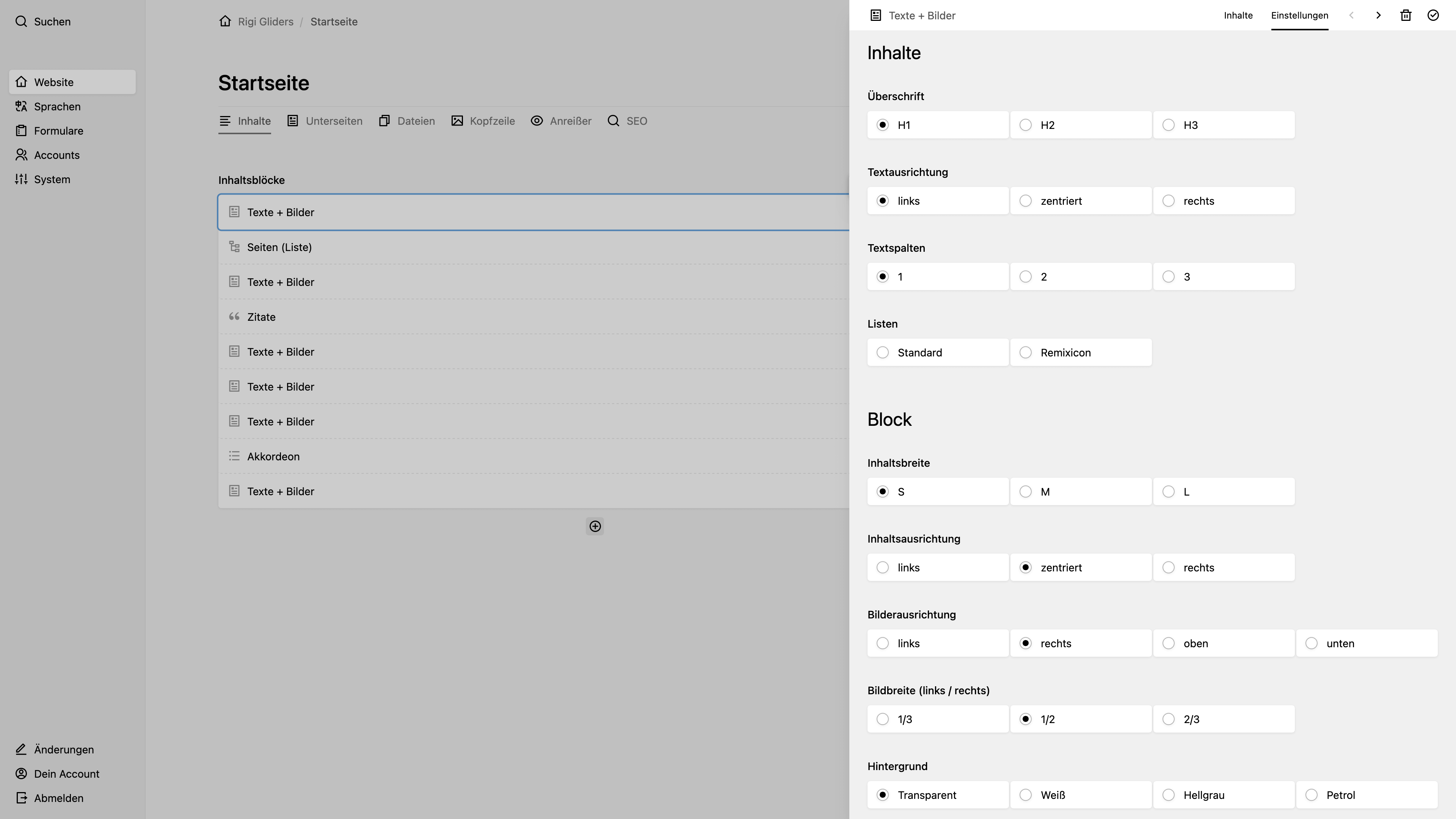Backend screenshot of rigi-gliders.ch