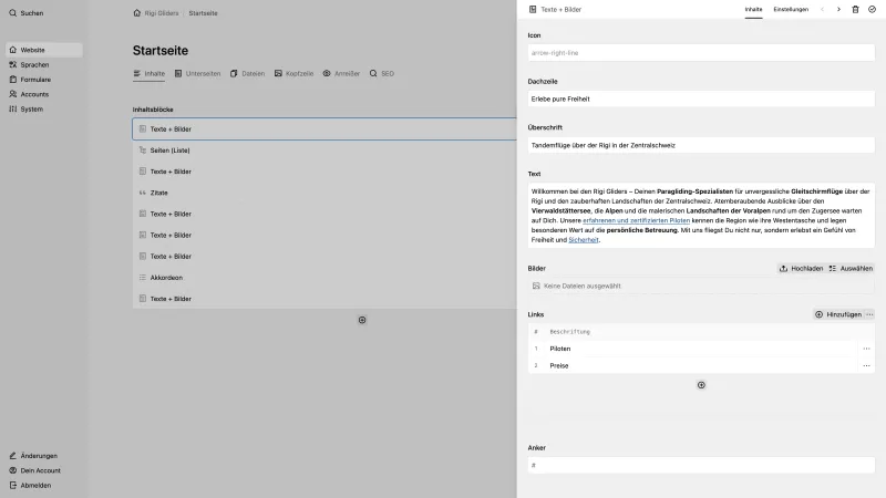 Backend screenshot of rigi-gliders.ch