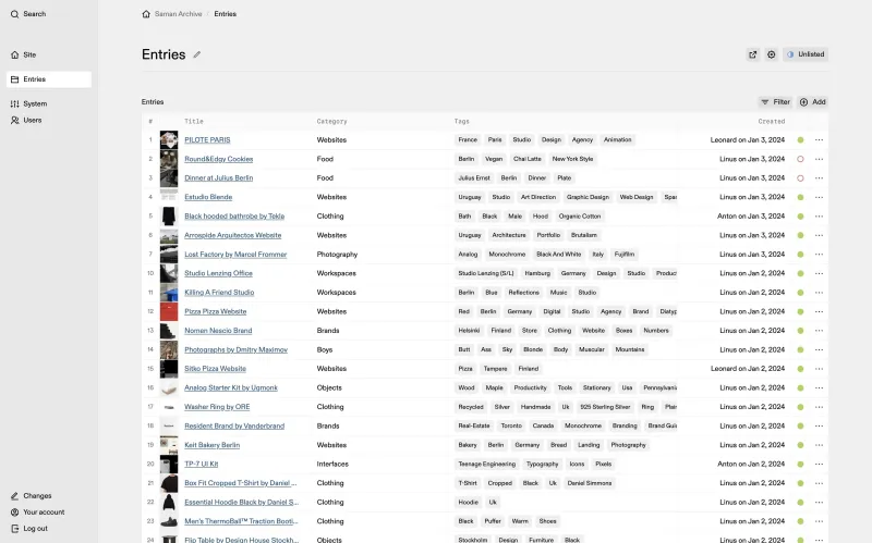 Backend screenshot of archive.saman.design