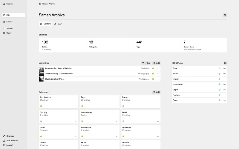 Backend screenshot of archive.saman.design