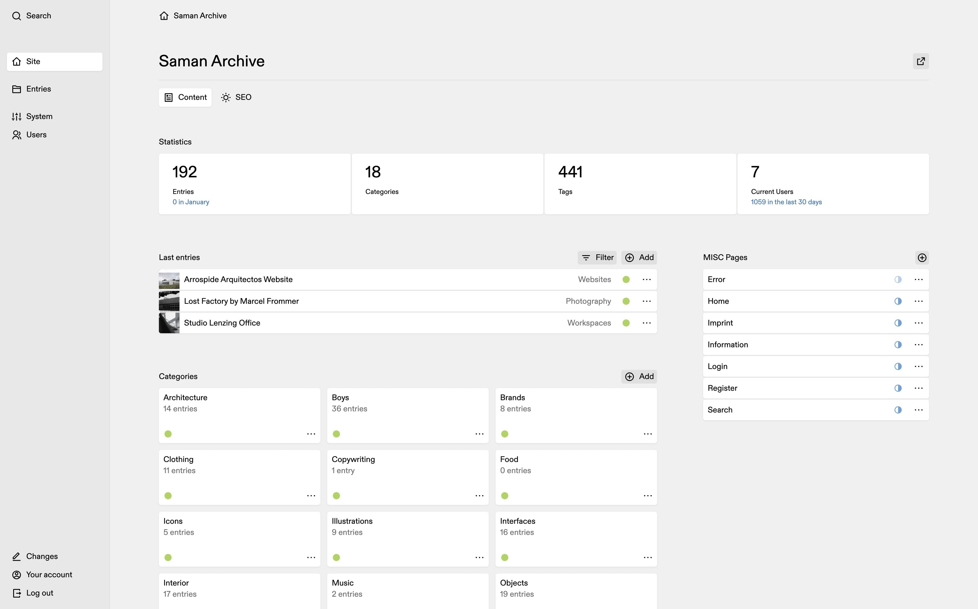 Backend screenshot of archive.saman.design