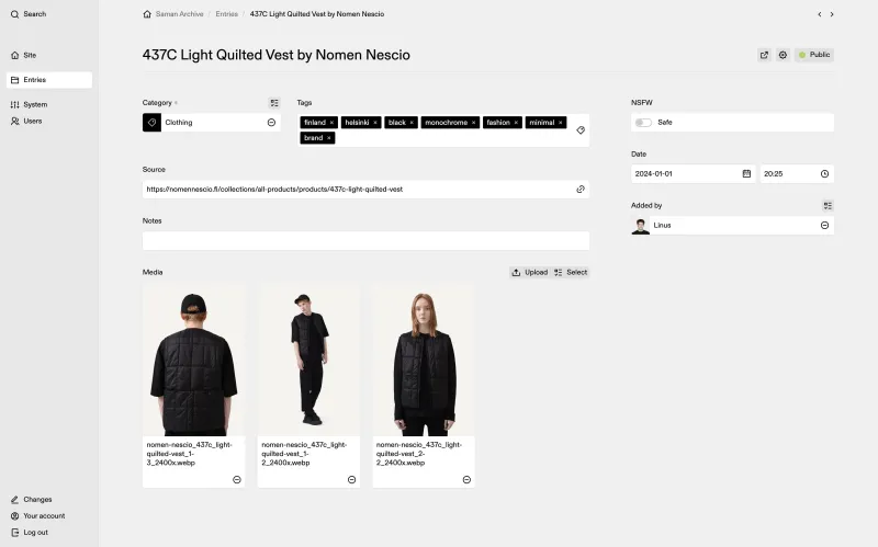 Backend screenshot of archive.saman.design