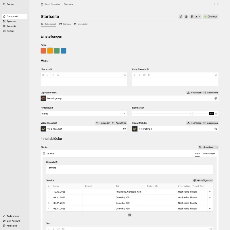 Backend screenshot of sanat-ensemble.de