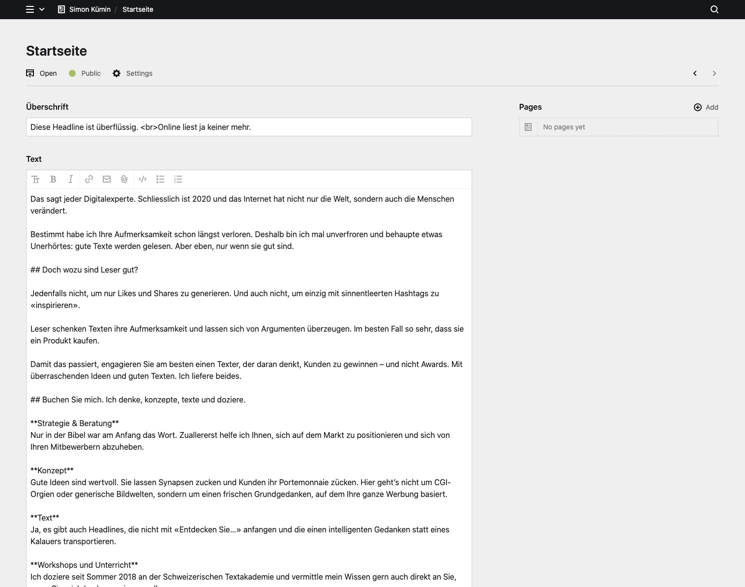 Backend screenshot of simonkuemin.ch