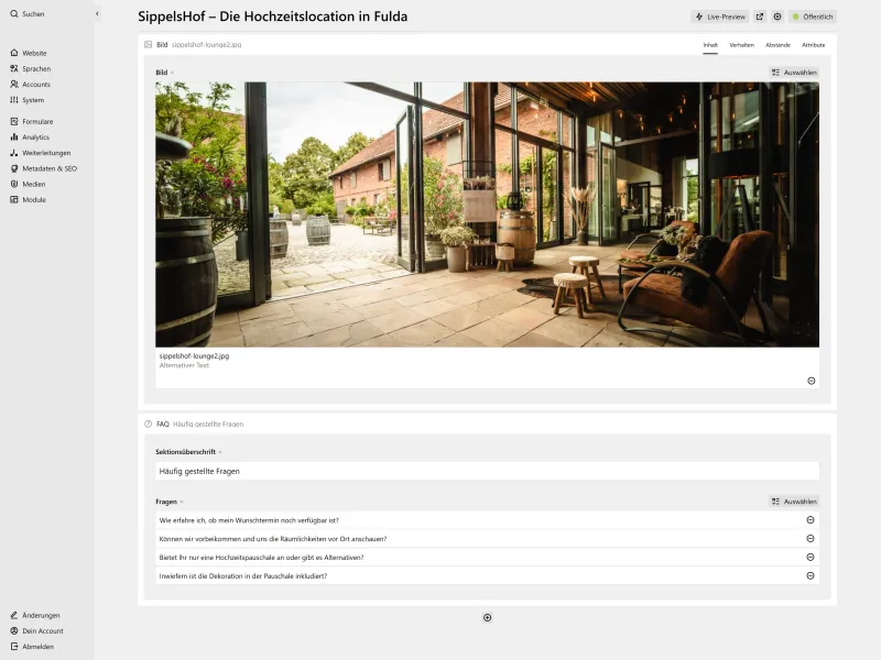 Backend screenshot of sippelshof.de