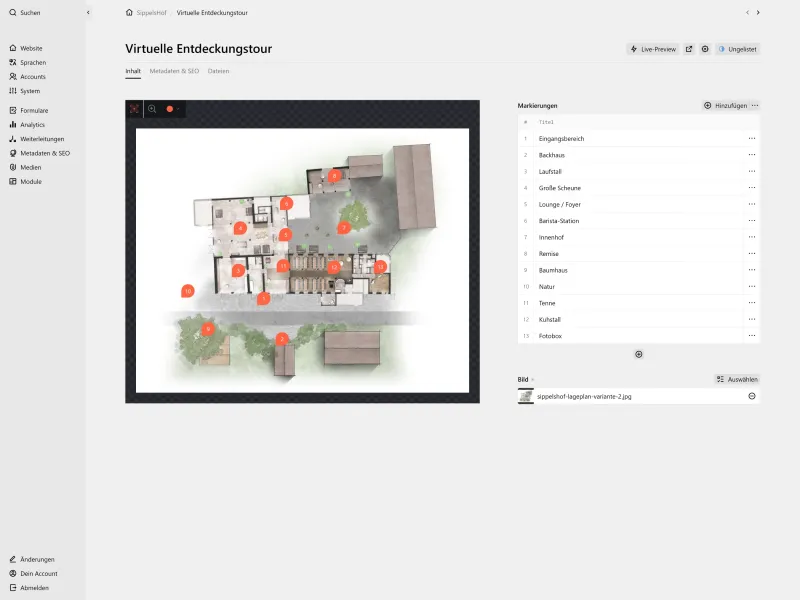 Backend screenshot of sippelshof.de