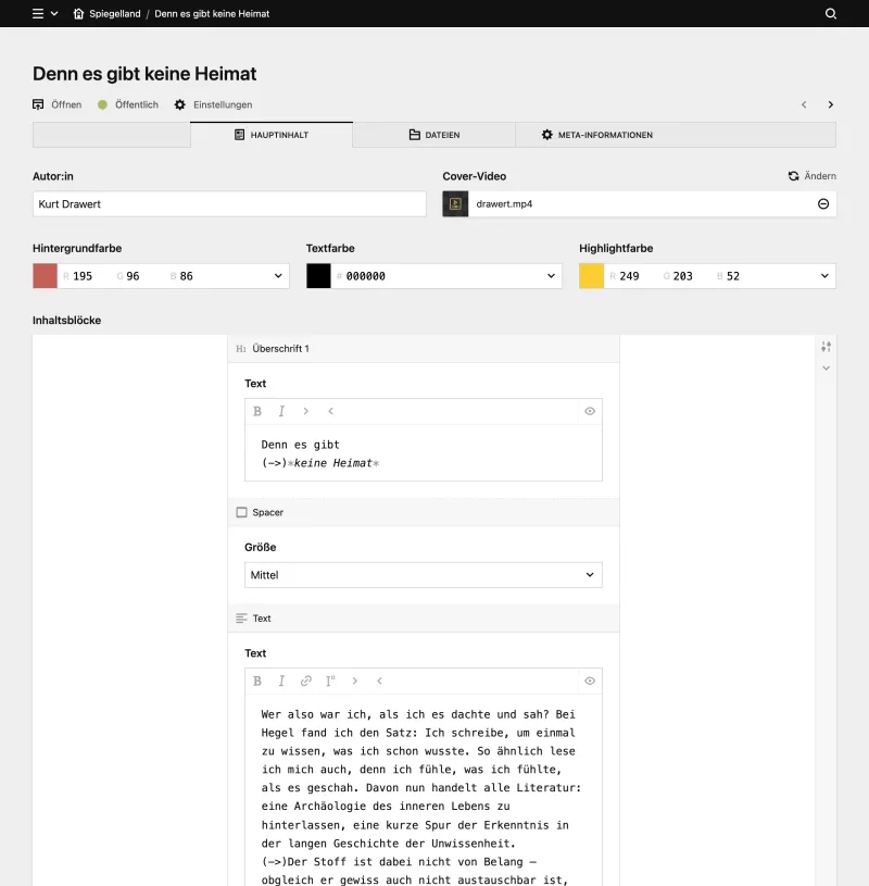 Backend screenshot of praeposition.com/spiegelland