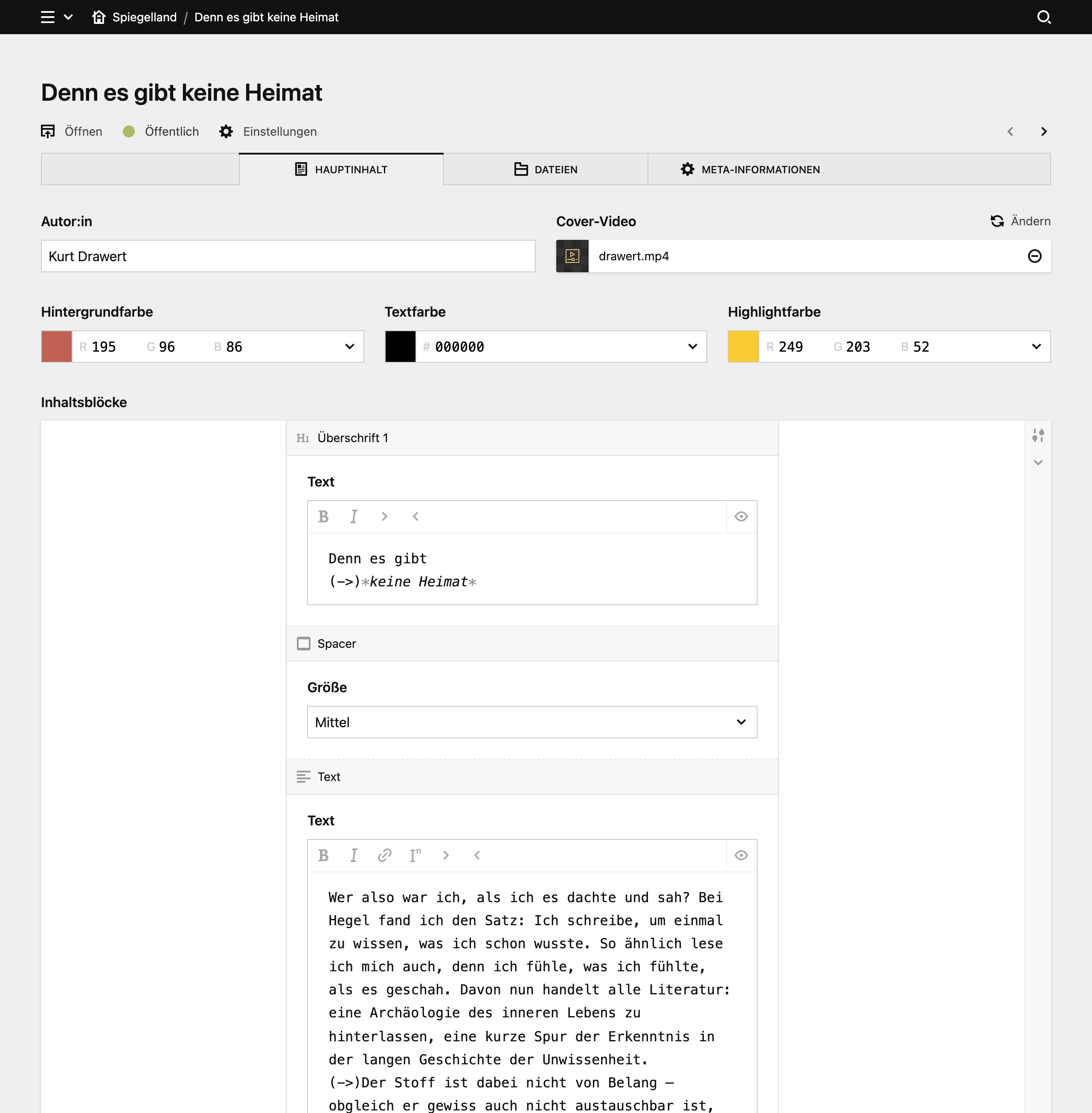 Backend screenshot of praeposition.com/spiegelland