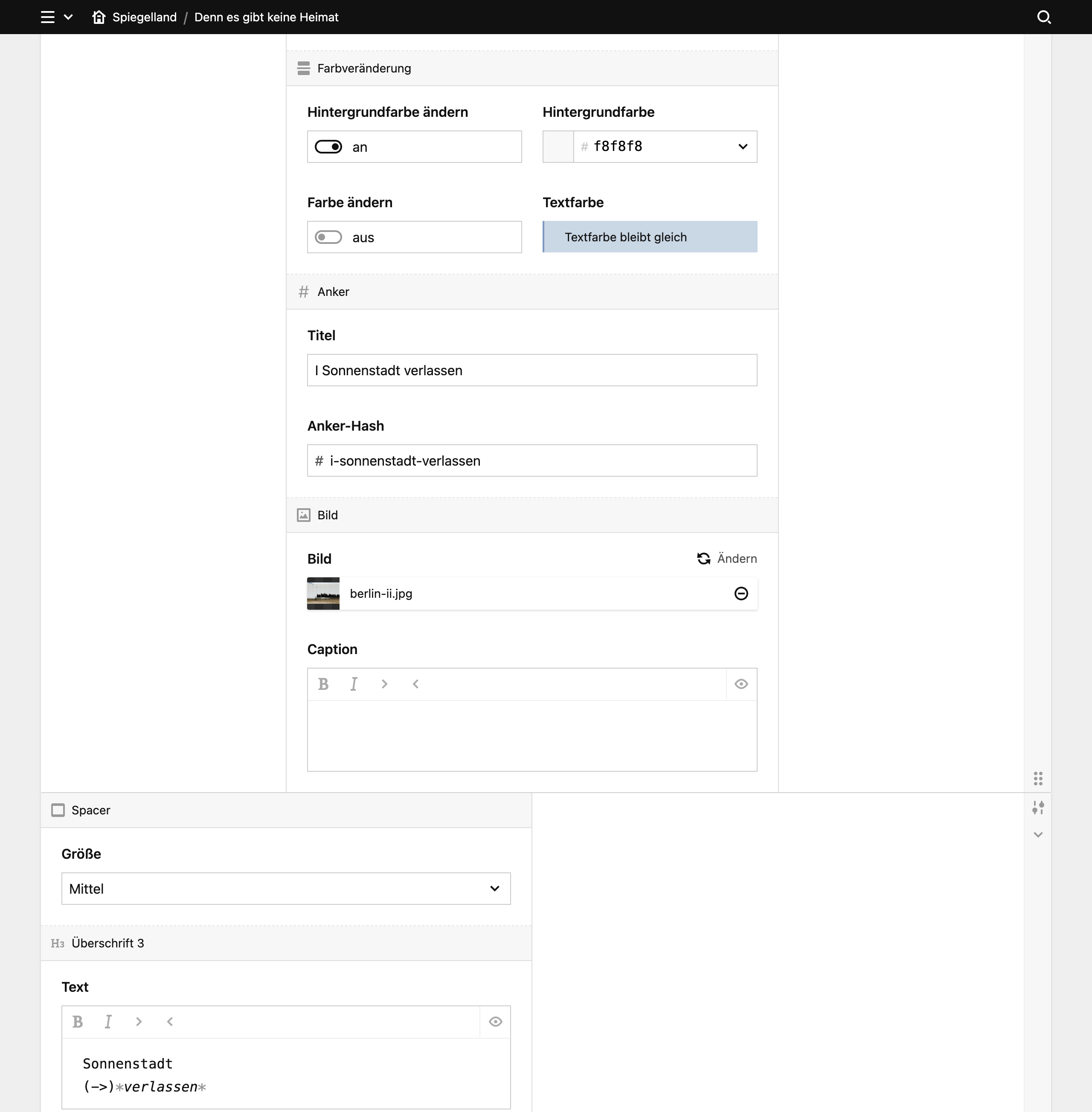 Backend screenshot of praeposition.com/spiegelland