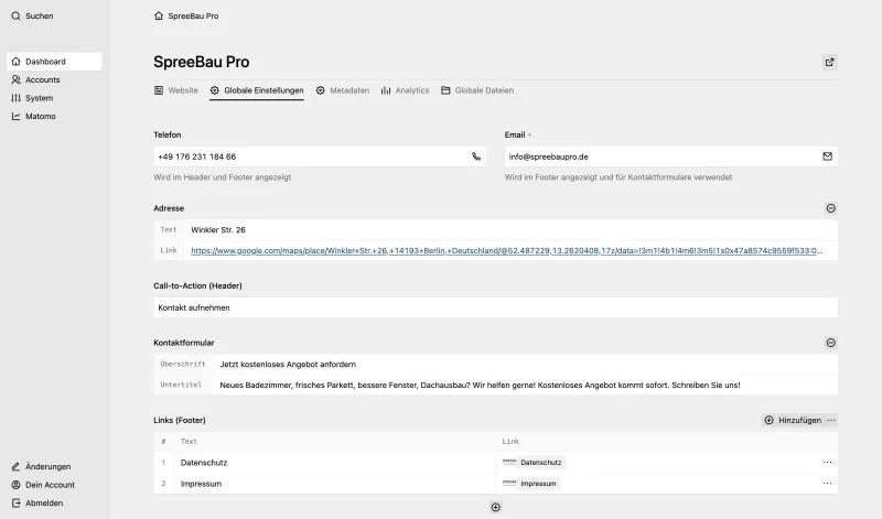 Backend screenshot of spreebaupro.de