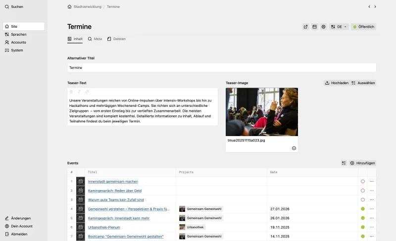 Kirby Panel of a single event page allowing backend user entering start and end date, type of event (online/offline) and additional event details.