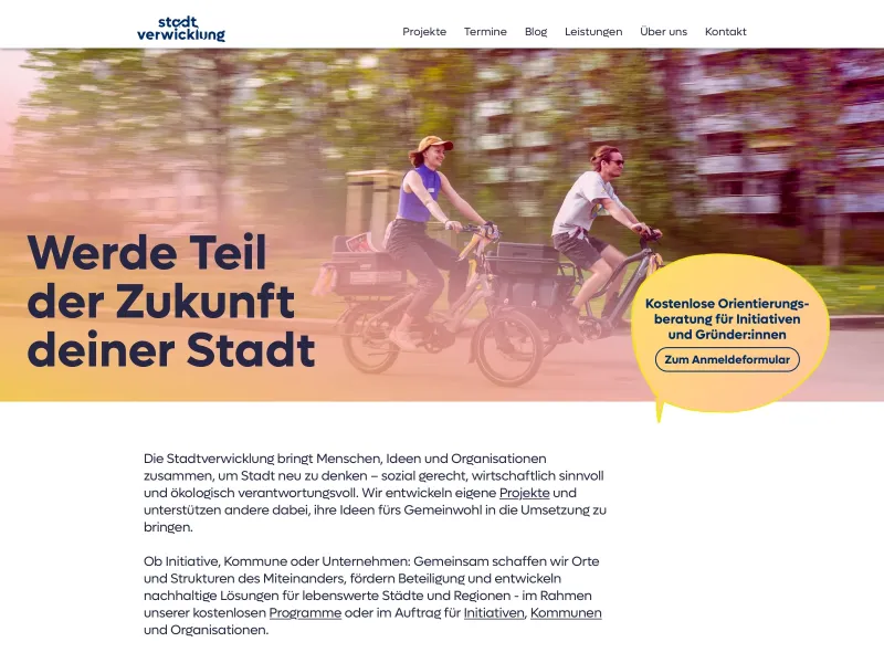 Screenshot of the Stadtverwicklung website with a big headline &ldquo;Werde Teil der Zukunft deiner Stadt&rdquo; in front of a colorful picture of two persons riding bikes.