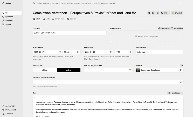 Kirby Panel of &ldquo;Events&rdquo; page allowing backend user entering teaser text, add a teaser image and see all events.