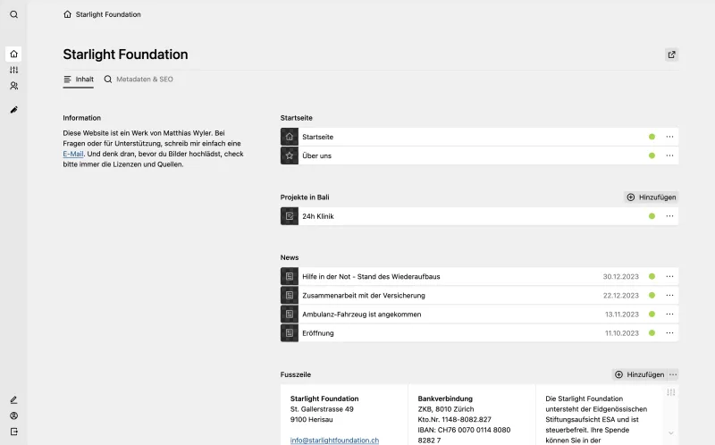 Backend screenshot of starlightfoundation.ch