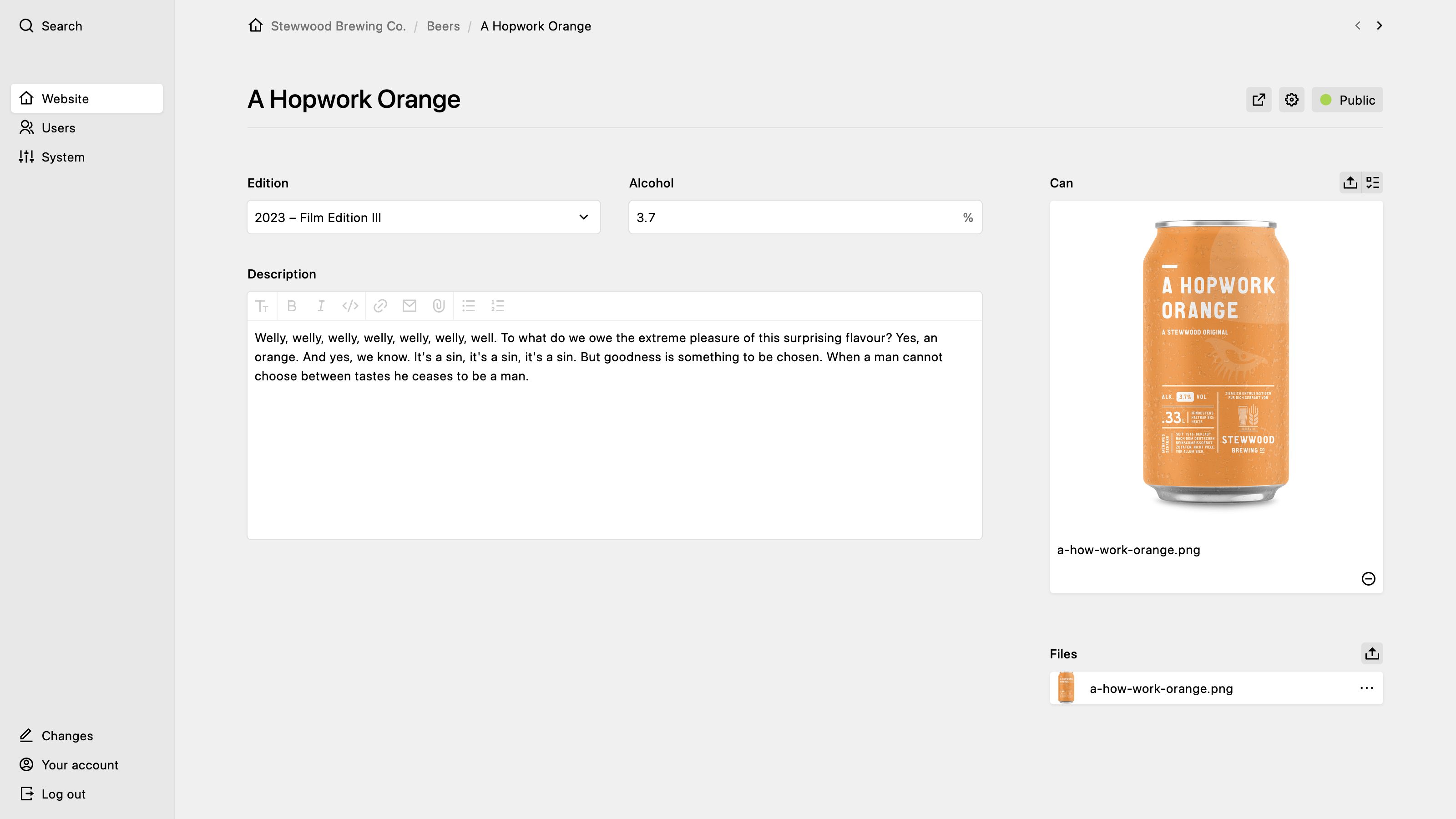 Backend screenshot of stewwood-brewing.co