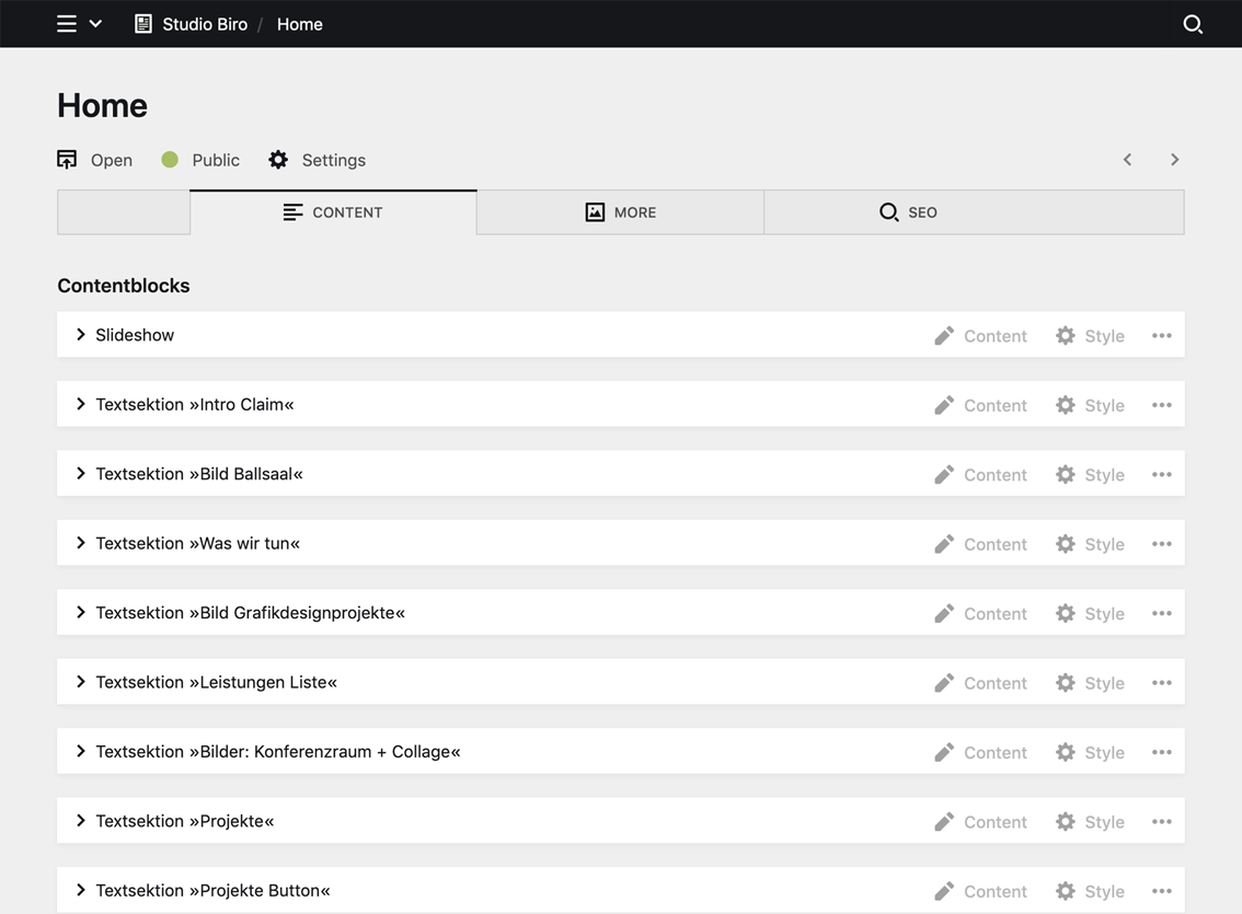 Backend screenshot of studio-biro.de