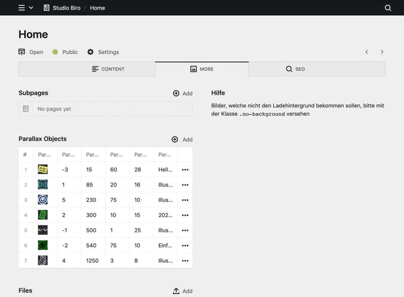 Backend screenshot of studio-biro.de